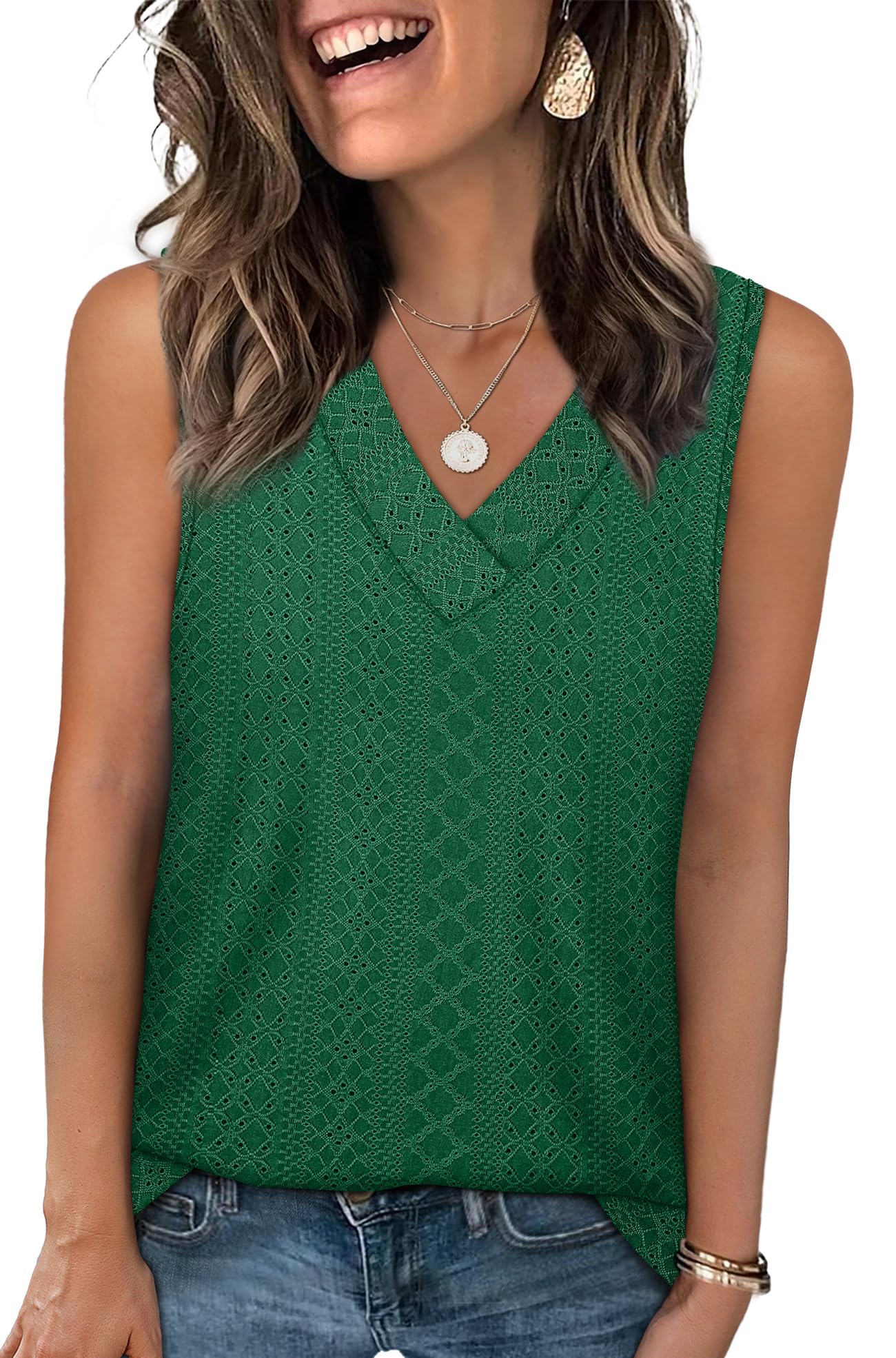 WIHOLL Tank Top for Women Summer Outfits V Neck T Shirts Trendy Eyelet Sleeveless Basic Beach Vacation Clothes
