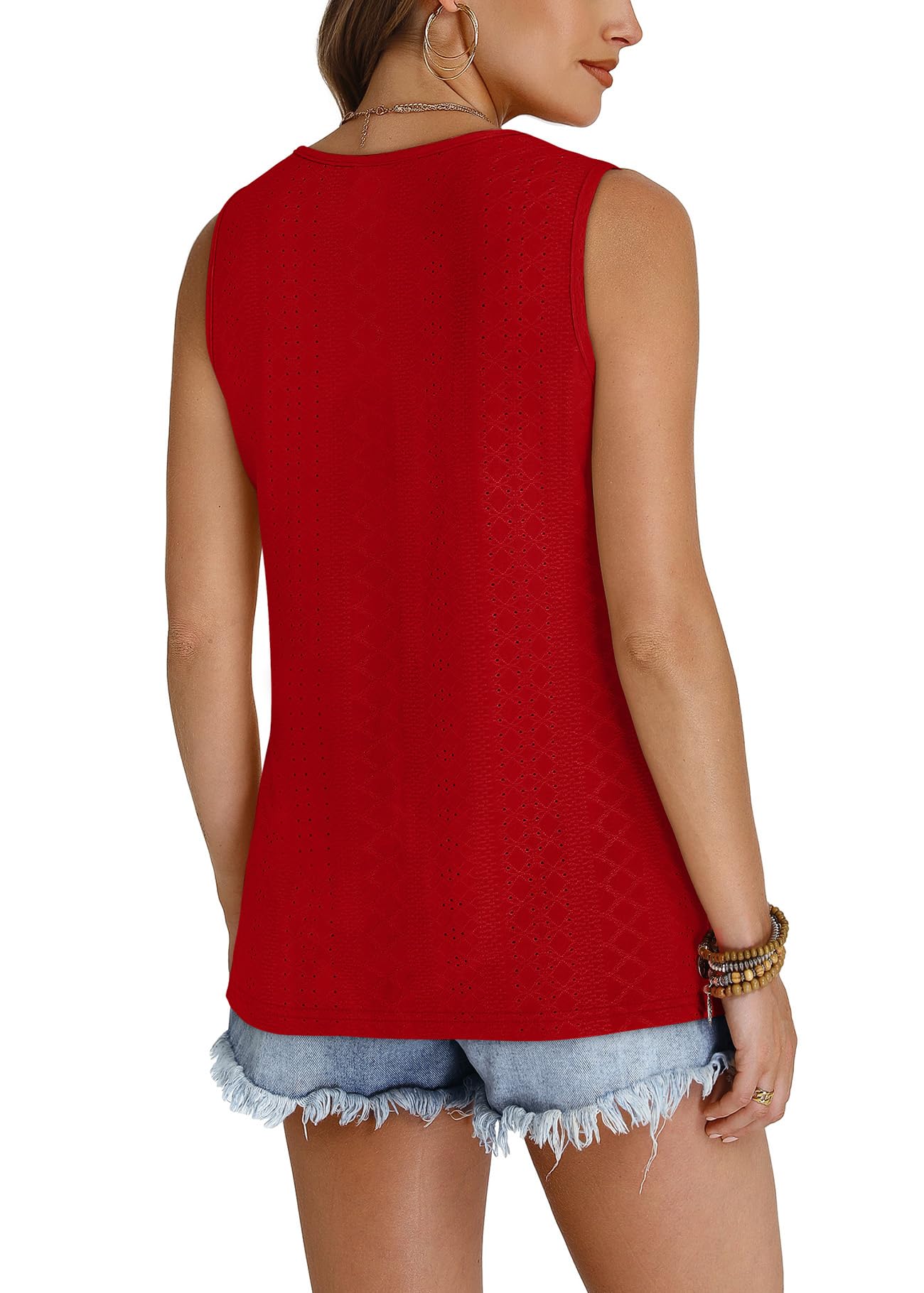 WIHOLL Tank Top for Women Summer Outfits V Neck T Shirts Trendy Eyelet Sleeveless Basic Beach Vacation Clothes