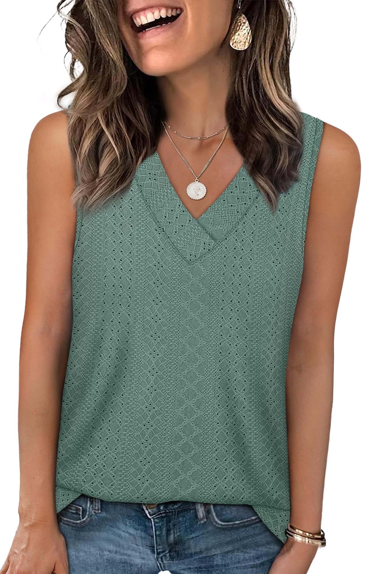 WIHOLL Tank Top for Women Summer Outfits V Neck T Shirts Trendy Eyelet Sleeveless Basic Beach Vacation Clothes