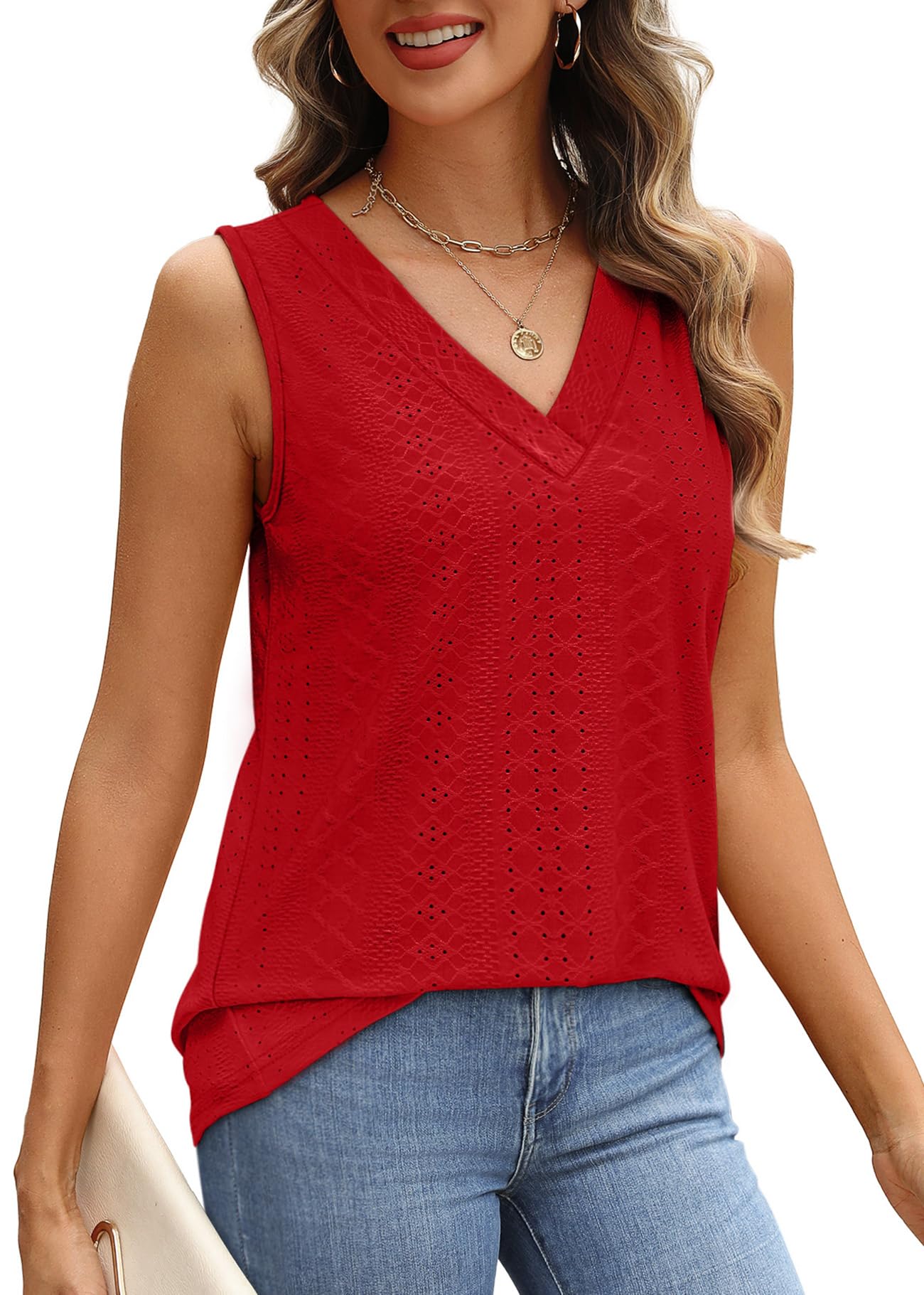 WIHOLL Tank Top for Women Summer Outfits V Neck T Shirts Trendy Eyelet Sleeveless Basic Beach Vacation Clothes