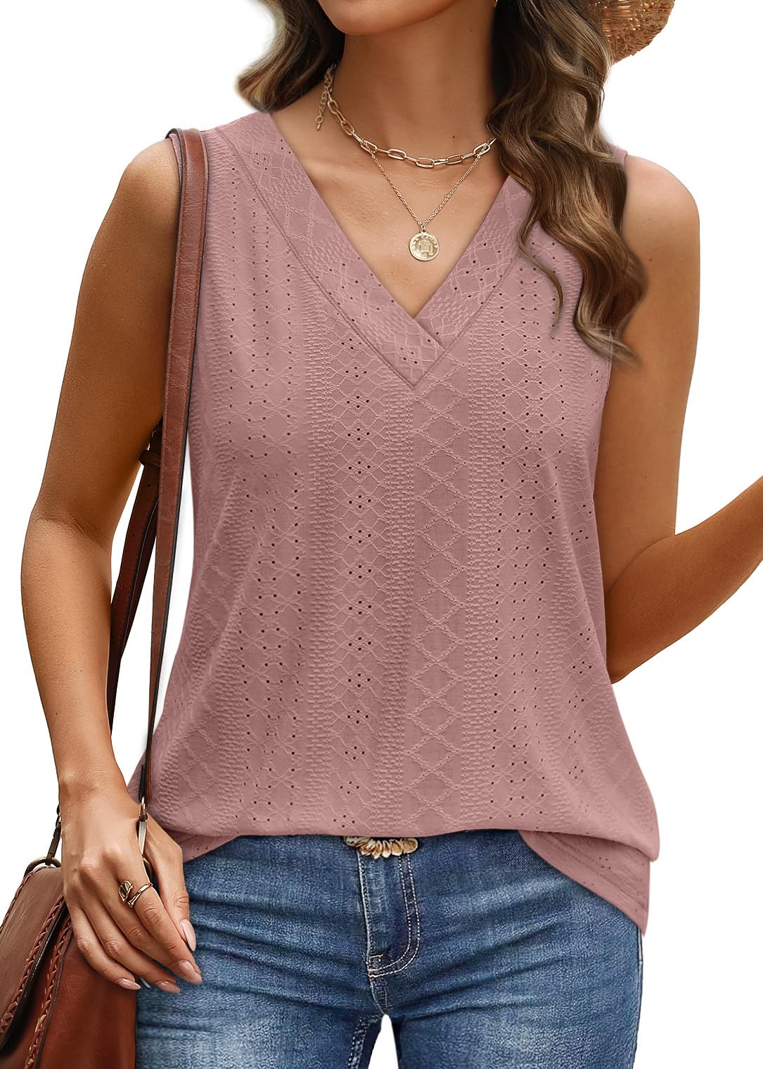 WIHOLL Tank Top for Women Summer Outfits V Neck T Shirts Trendy Eyelet Sleeveless Basic Beach Vacation Clothes