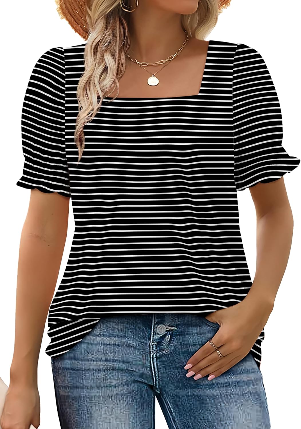 WIHOLL Tops for Women Summer Casual Ruffle Trim Sleeve Square Neck T Shirts
