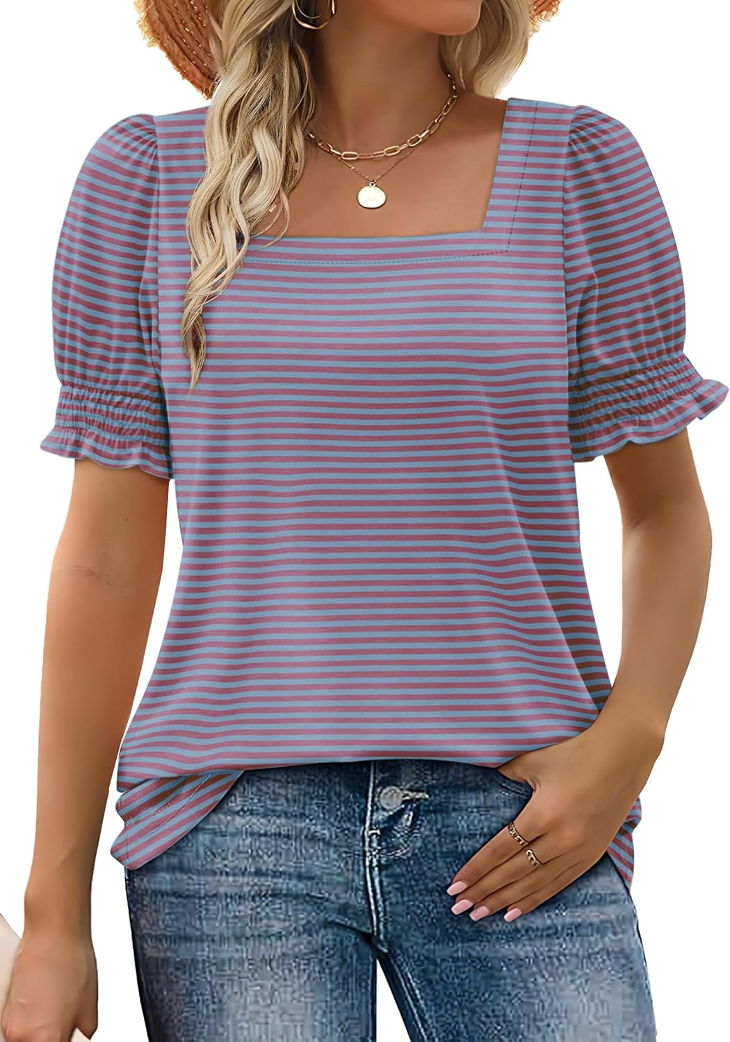 WIHOLL Tops for Women Summer Casual Ruffle Trim Sleeve Square Neck T Shirts