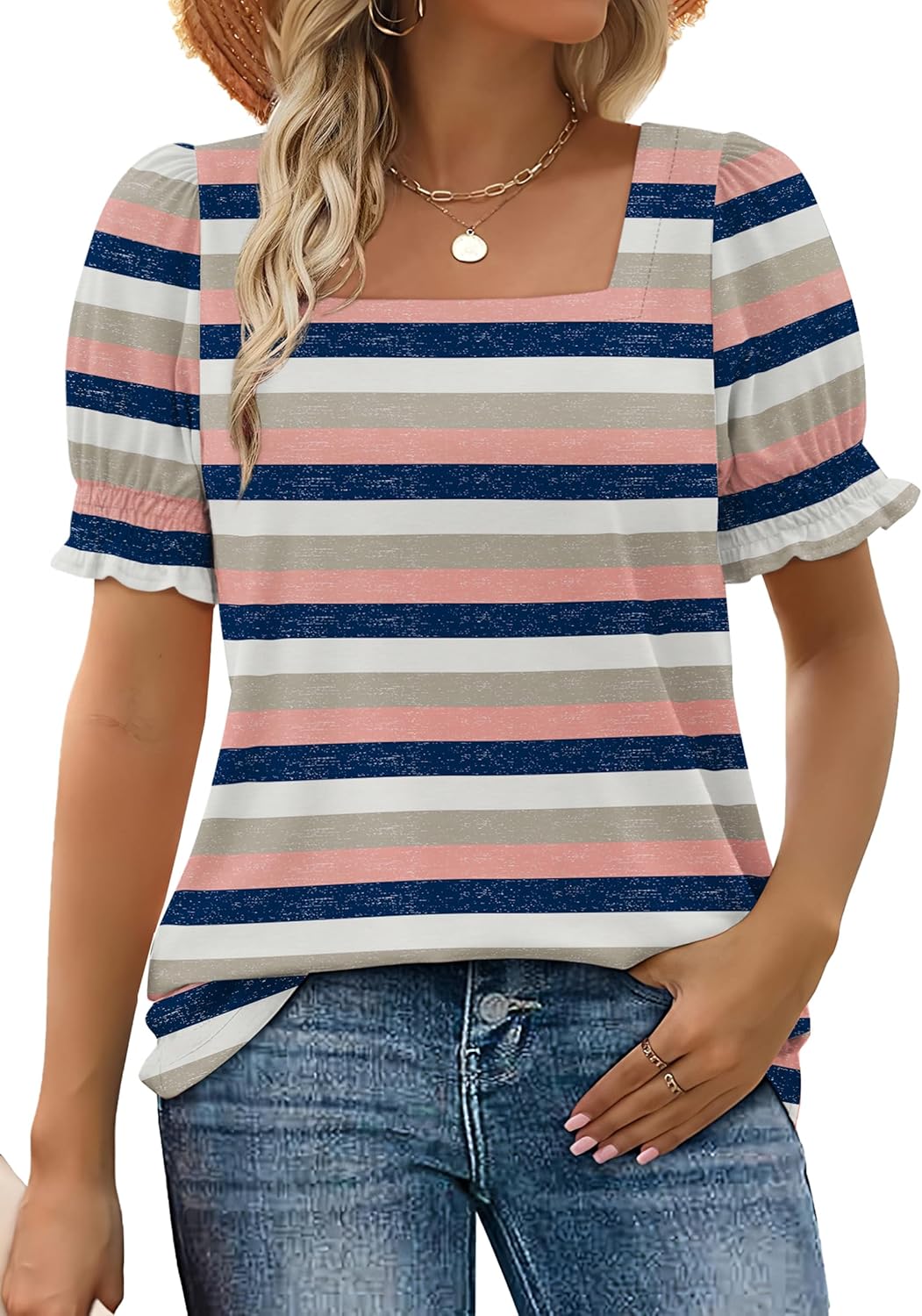 WIHOLL Tops for Women Summer Casual Ruffle Trim Sleeve Square Neck T Shirts