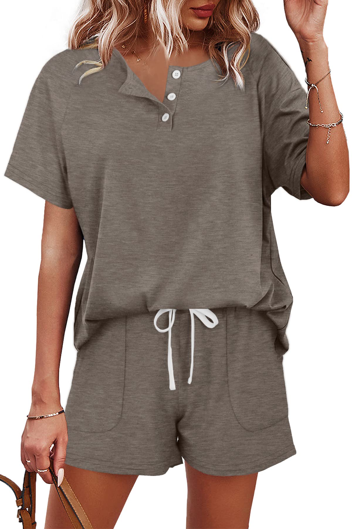 WIHOLL Two Piece Outfits for Women Lounge Sets Button Down Top and Shorts Set Sweatsuits with Pockets