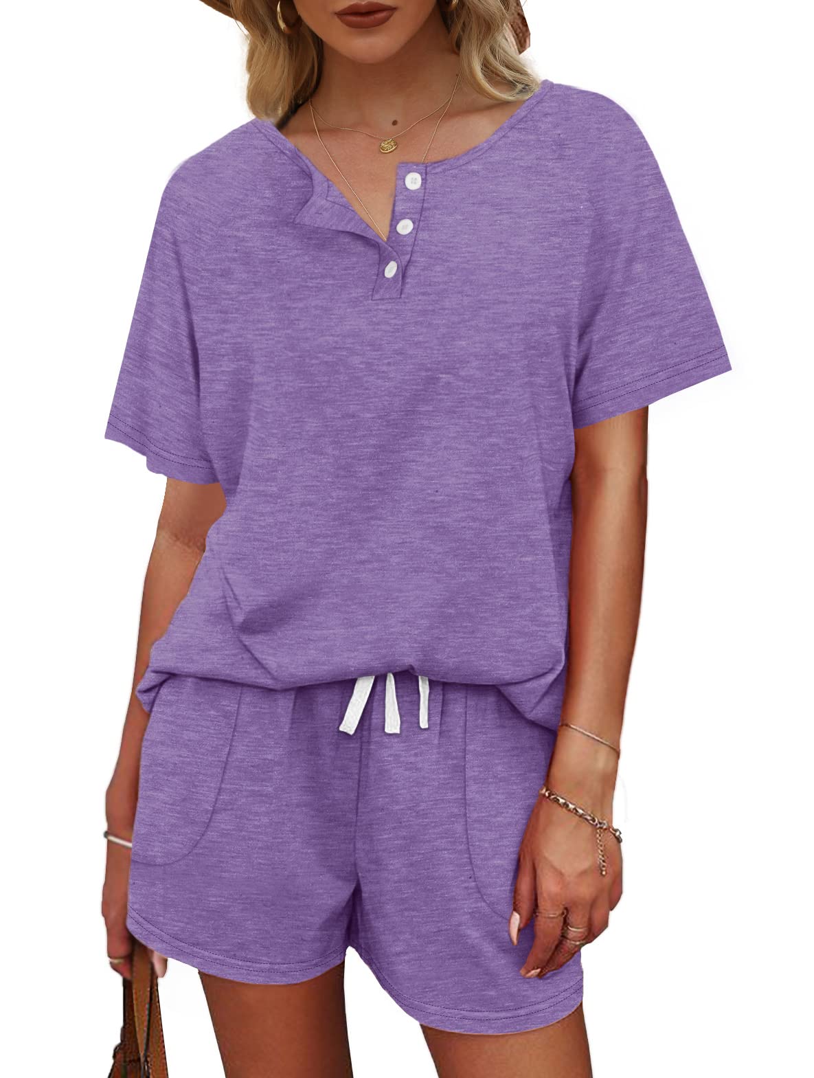 WIHOLL Two Piece Outfits for Women Lounge Sets Button Down Top and Shorts Set Sweatsuits with Pockets