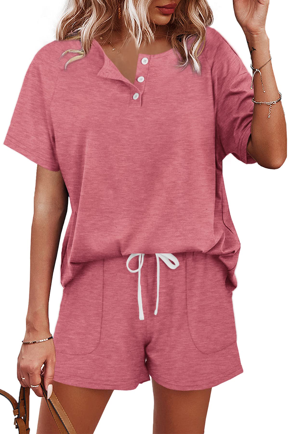 WIHOLL Two Piece Outfits for Women Lounge Sets Button Down Top and Shorts Set Sweatsuits with Pockets