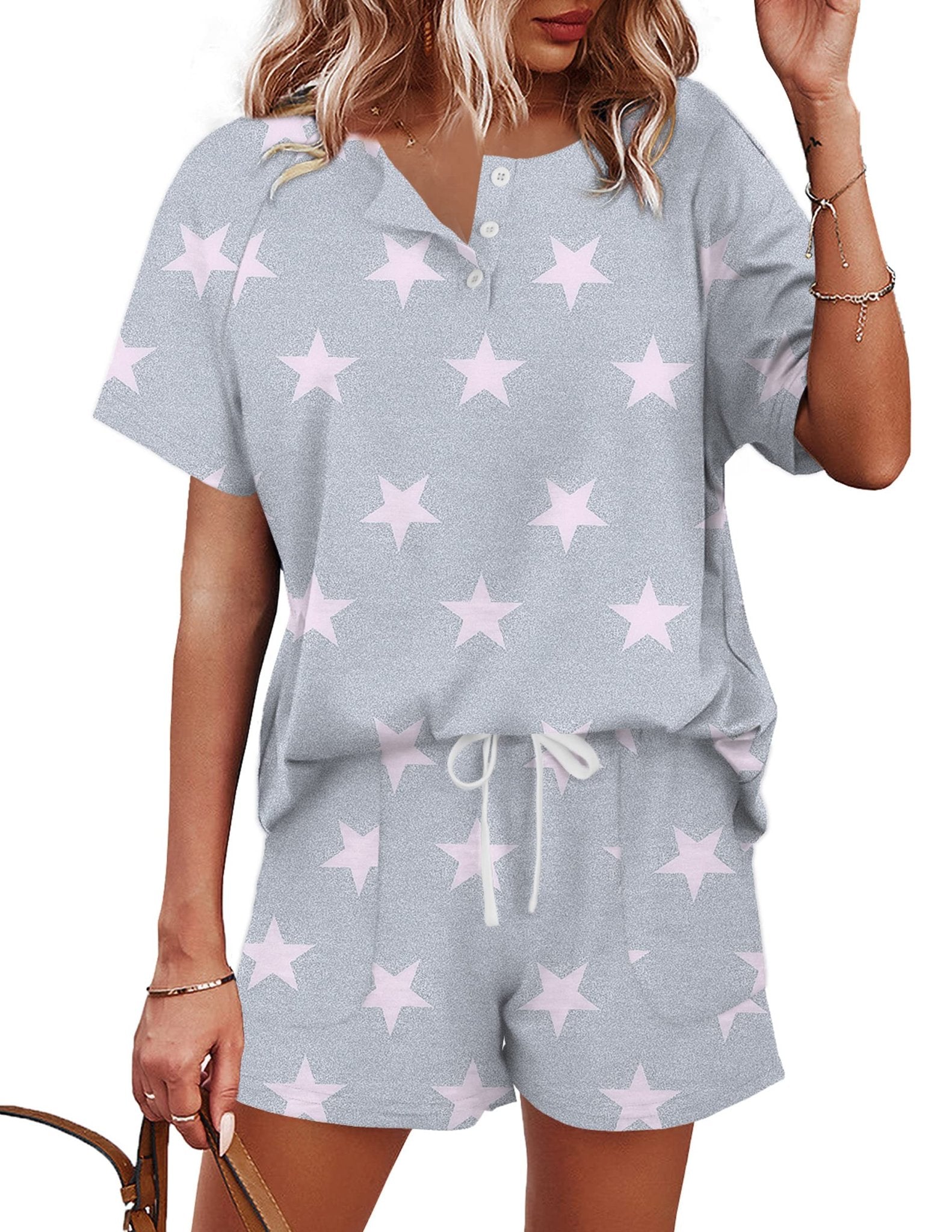 WIHOLL Two Piece Outfits for Women Lounge Sets Button Down Top and Shorts Set Sweatsuits with Pockets