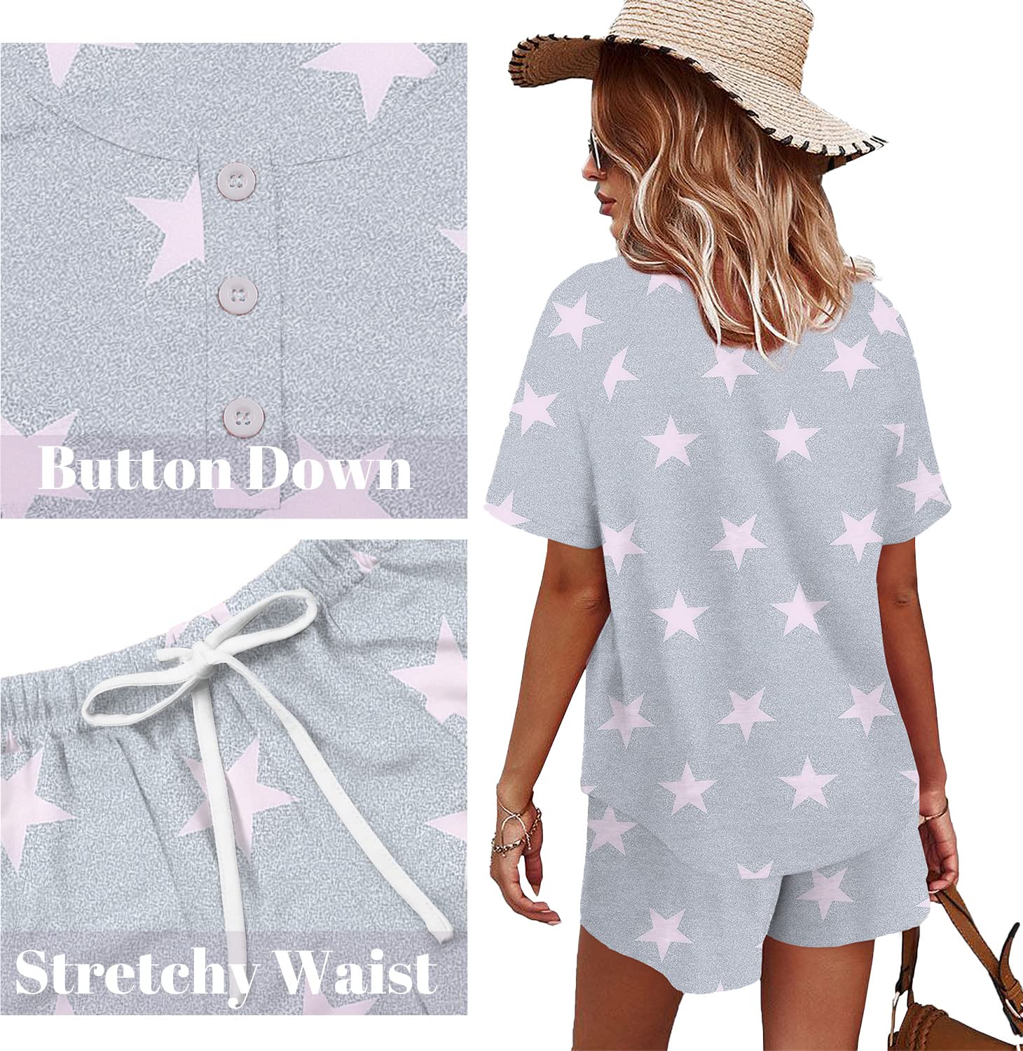 WIHOLL Two Piece Outfits for Women Lounge Sets Button Down Top and Shorts Set Sweatsuits with Pockets