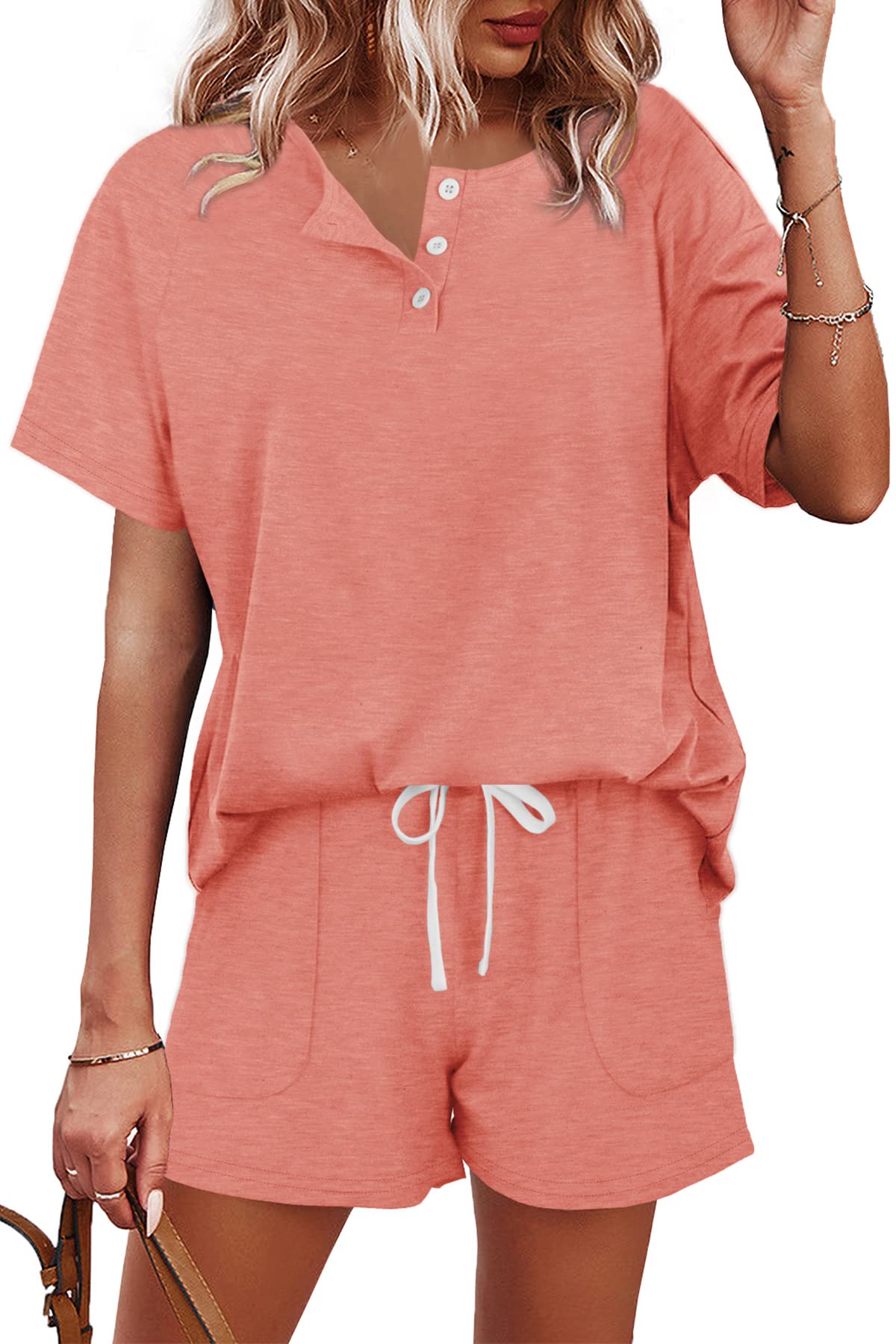 WIHOLL Two Piece Outfits for Women Lounge Sets Button Down Top and Shorts Set Sweatsuits with Pockets