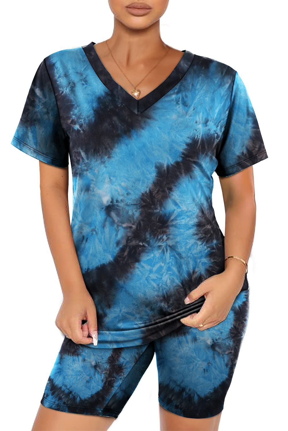 WIHOLL Two Piece Outfits for Women Short Sleeve V Neck Biker Shorts Set