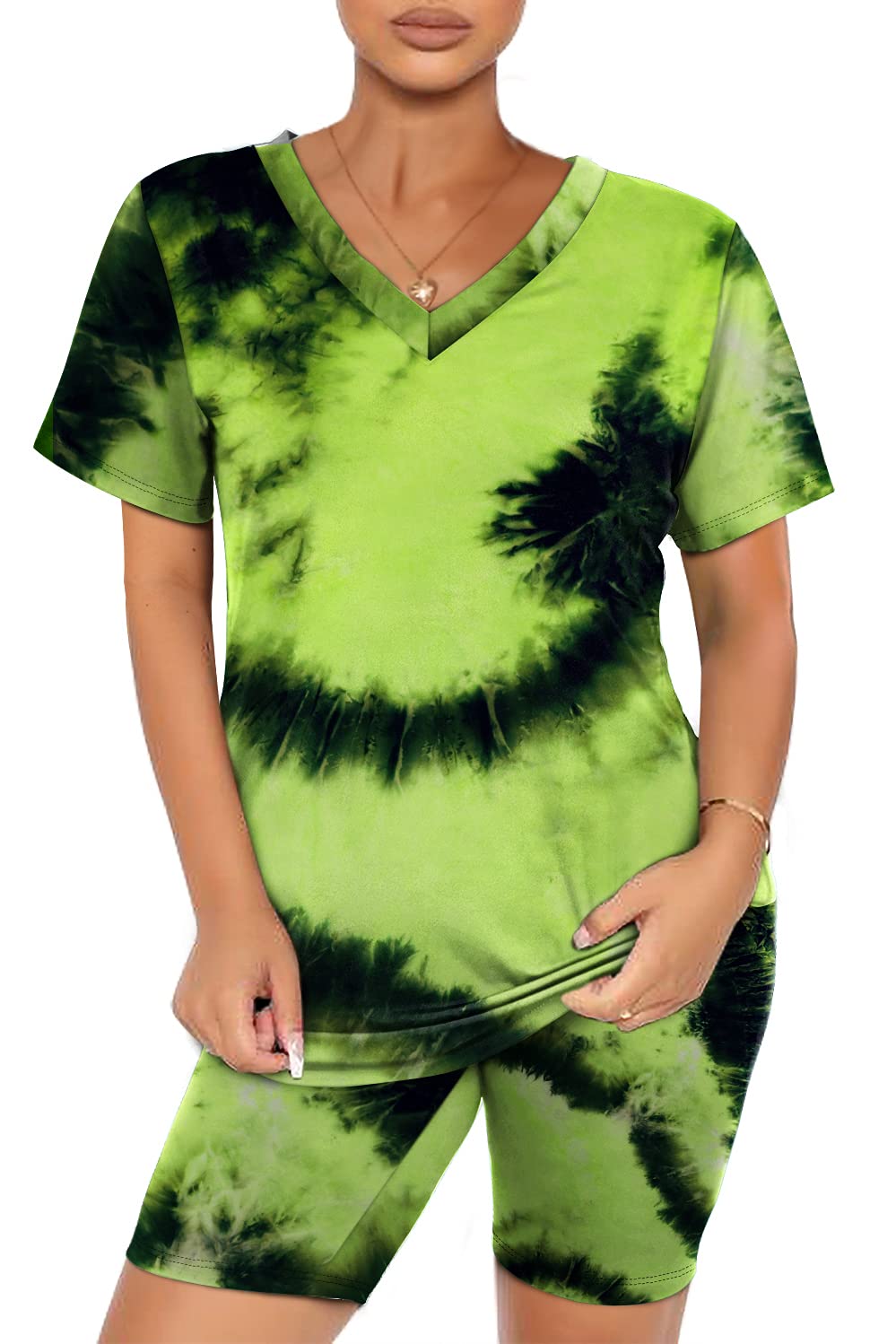 WIHOLL Two Piece Outfits for Women Short Sleeve V Neck Biker Shorts Set