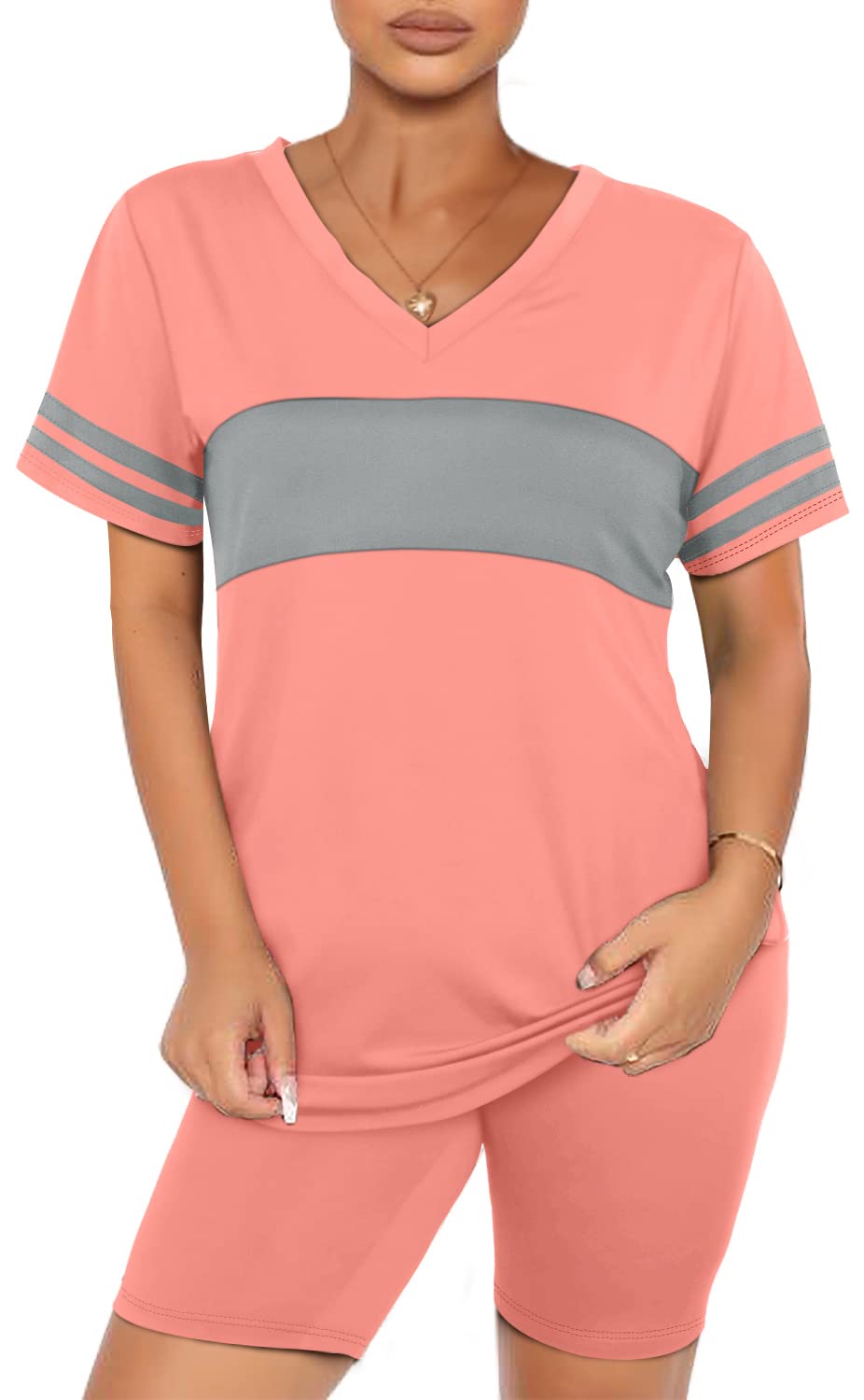 WIHOLL Two Piece Outfits for Women Short Sleeve V Neck Biker Shorts Set