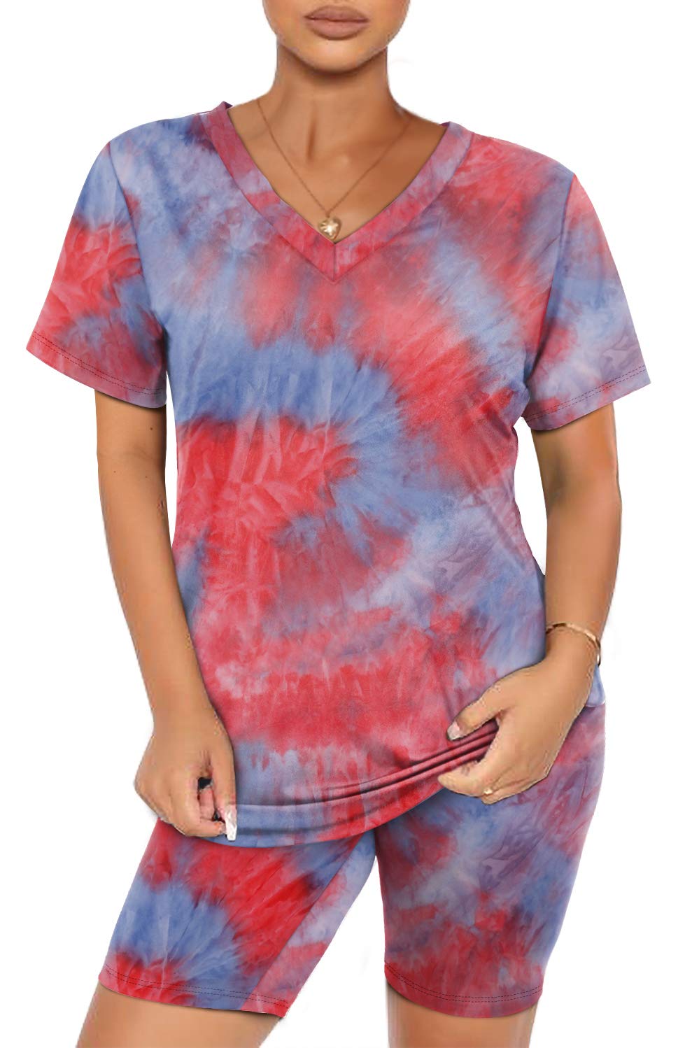 WIHOLL Two Piece Outfits for Women Short Sleeve V Neck Biker Shorts Set