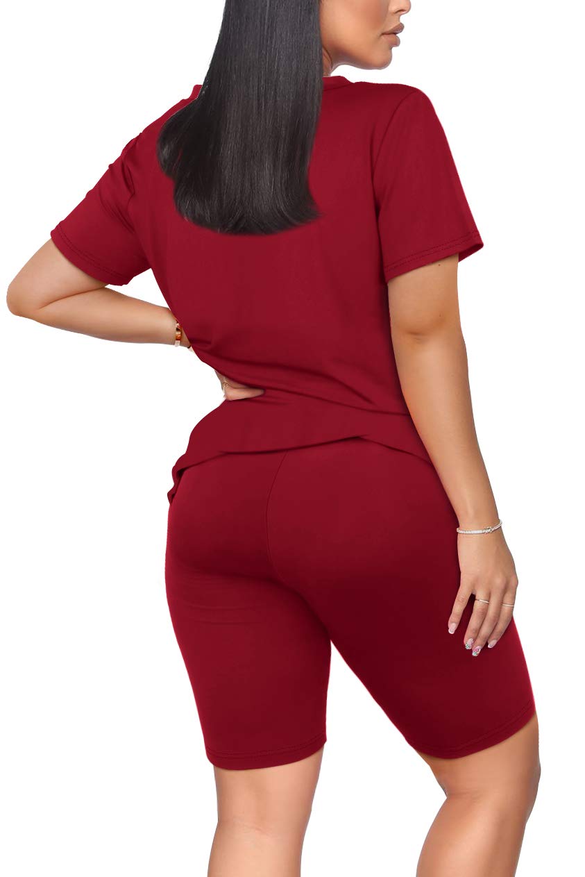 WIHOLL Two Piece Outfits for Women Short Sleeve V Neck Biker Shorts Set