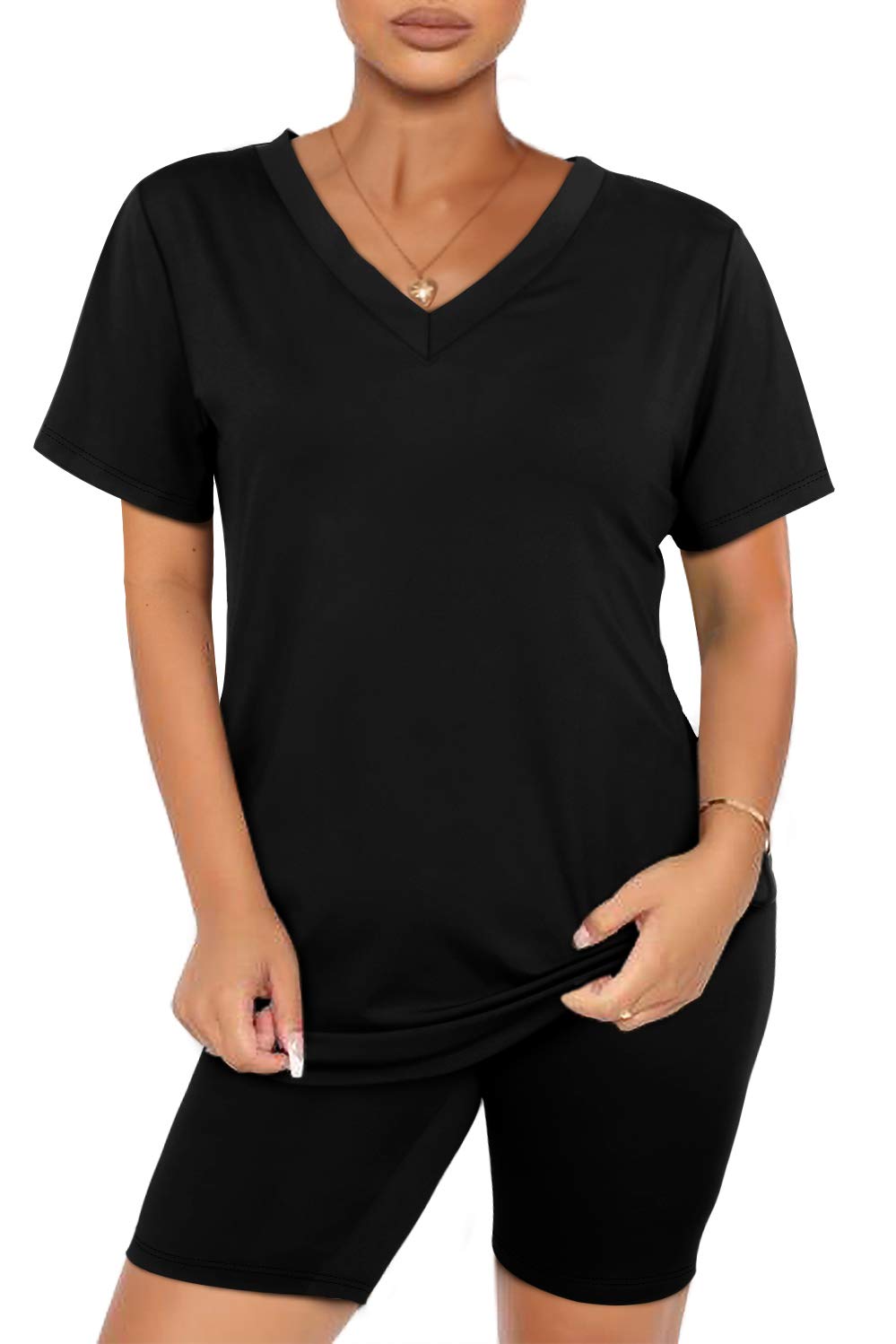 WIHOLL Two Piece Outfits for Women Short Sleeve V Neck Biker Shorts Set