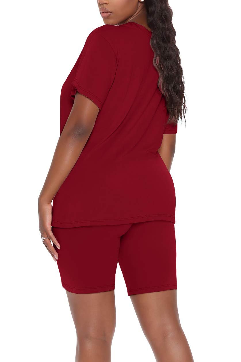 WIHOLL Two Piece Outfits for Women Short Sleeve V Neck Biker Shorts Set
