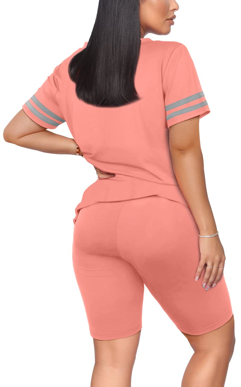 WIHOLL Two Piece Outfits for Women Short Sleeve V Neck Biker Shorts Set