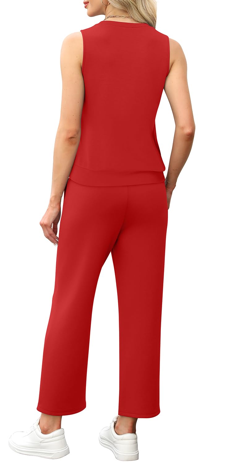 WIHOLL Two Piece Set for Women Summer Outfits Vacation Lounge Sets Round Neck Matching Sets Wide Leg Crop Pants