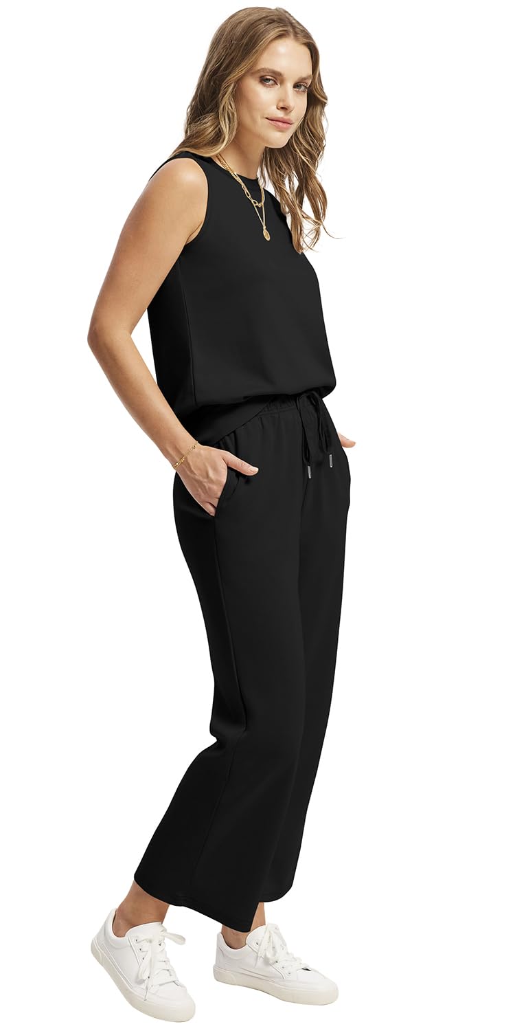 WIHOLL Two Piece Set for Women Summer Outfits Vacation Lounge Sets Round Neck Matching Sets Wide Leg Crop Pants