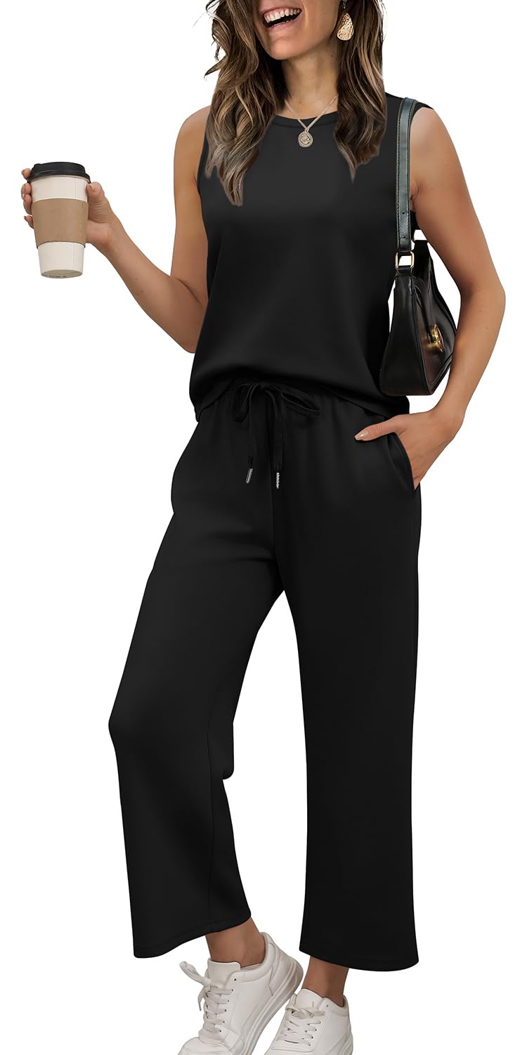 WIHOLL Two Piece Set for Women Summer Outfits Vacation Lounge Sets Round Neck Matching Sets Wide Leg Crop Pants