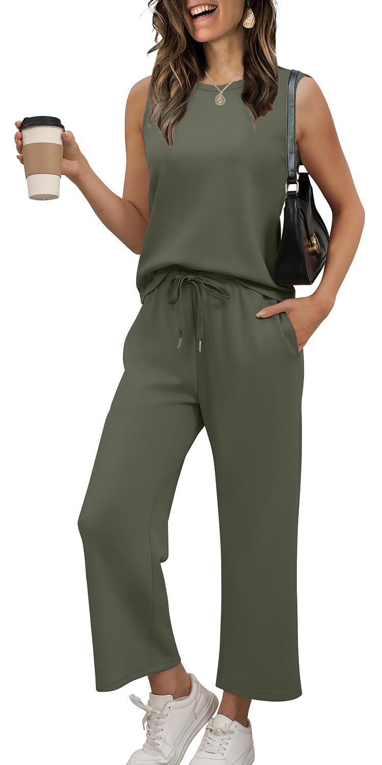 WIHOLL Two Piece Set for Women Summer Outfits Vacation Lounge Sets Round Neck Matching Sets Wide Leg Crop Pants