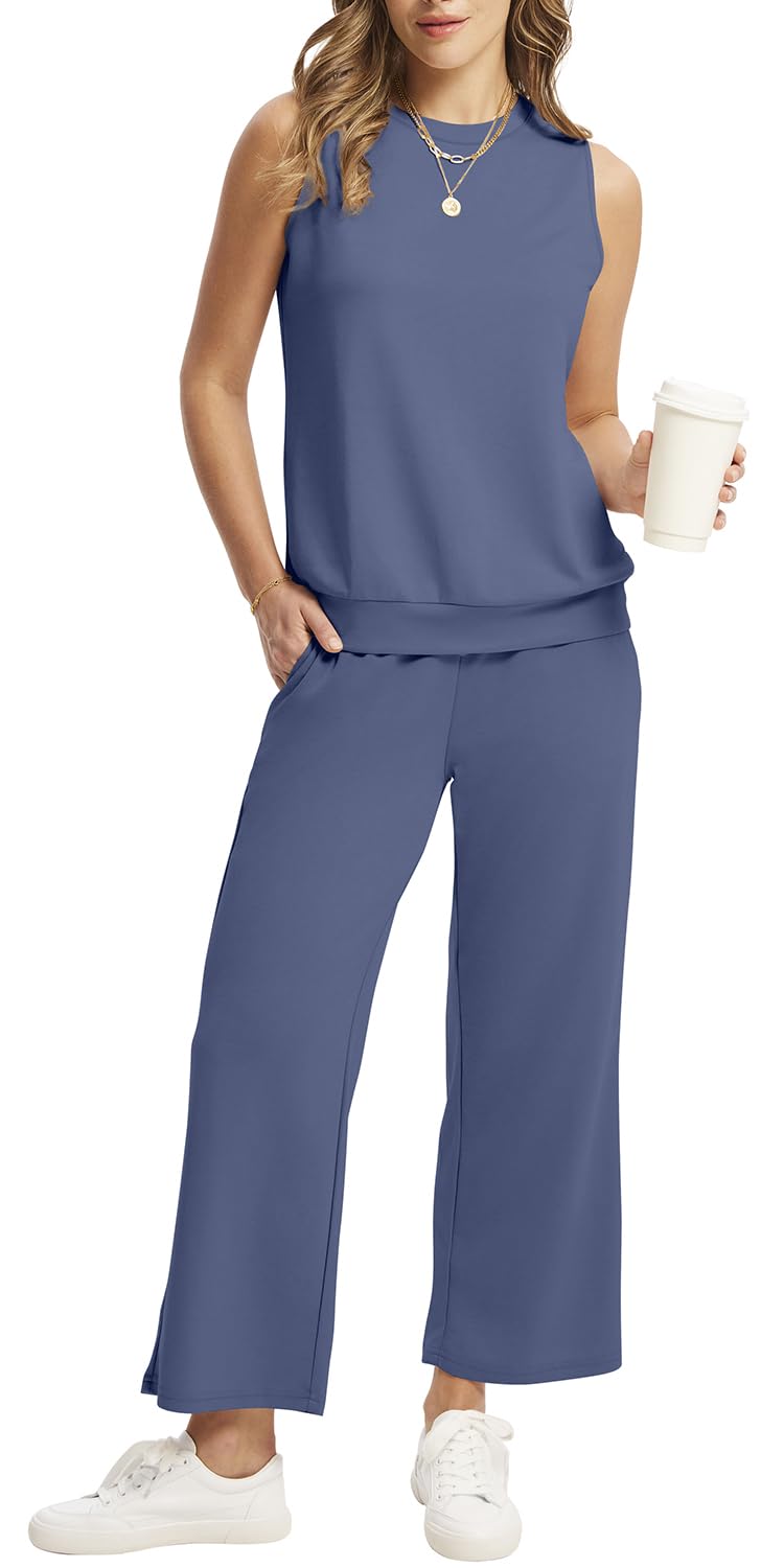 WIHOLL Two Piece Set for Women Summer Outfits Vacation Lounge Sets Round Neck Matching Sets Wide Leg Crop Pants