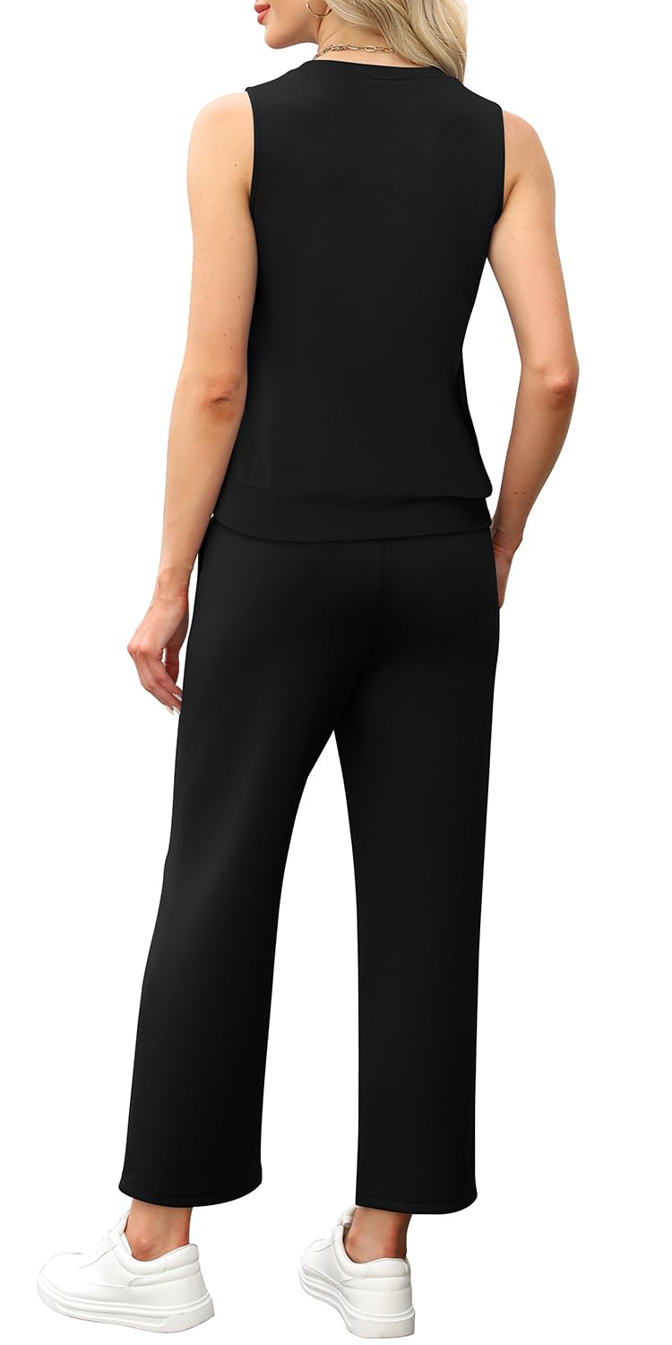 WIHOLL Two Piece Set for Women Summer Outfits Vacation Lounge Sets Round Neck Matching Sets Wide Leg Crop Pants