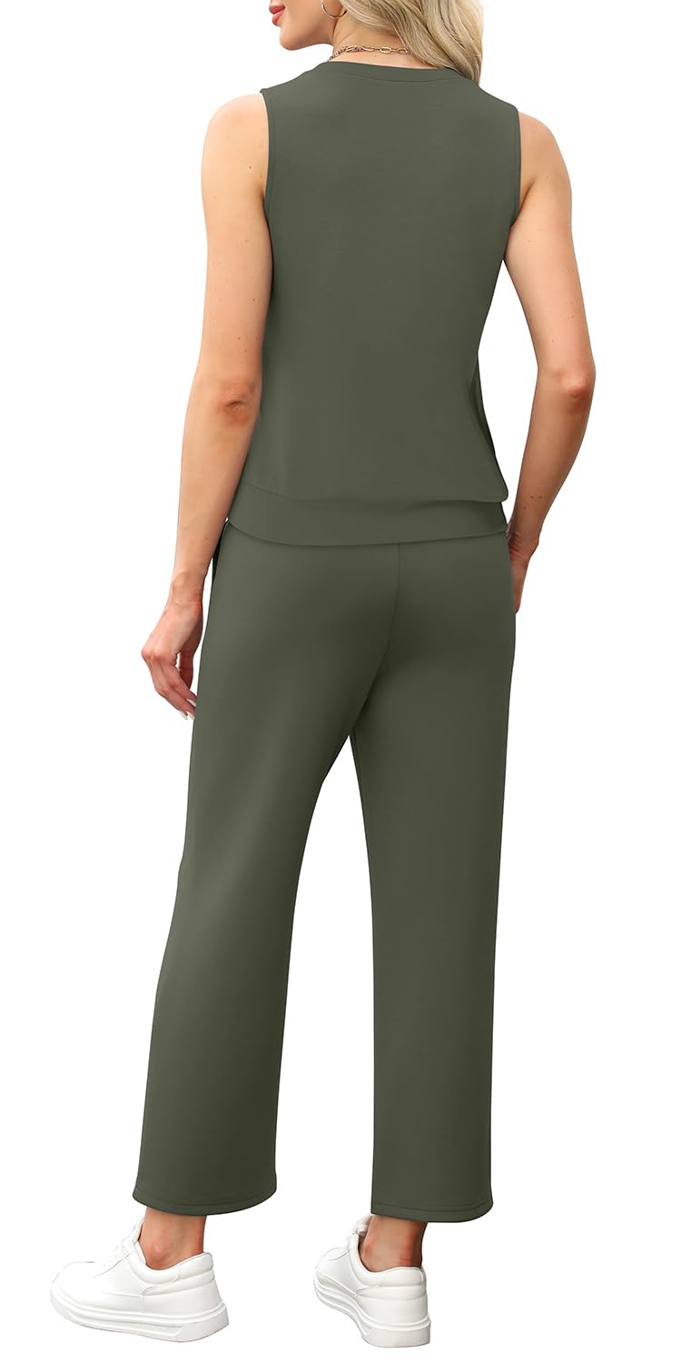 WIHOLL Two Piece Set for Women Summer Outfits Vacation Lounge Sets Round Neck Matching Sets Wide Leg Crop Pants