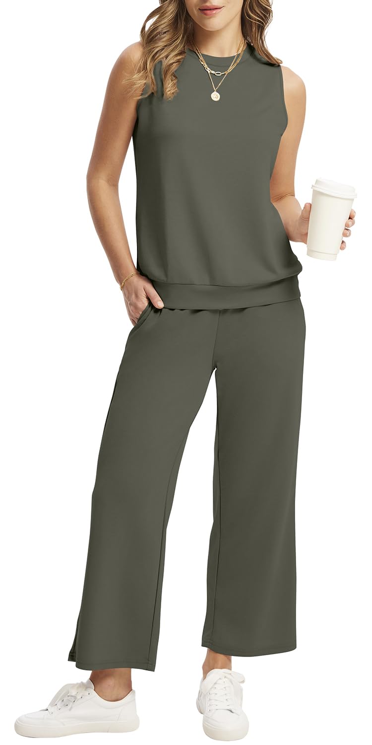 WIHOLL Two Piece Set for Women Summer Outfits Vacation Lounge Sets Round Neck Matching Sets Wide Leg Crop Pants