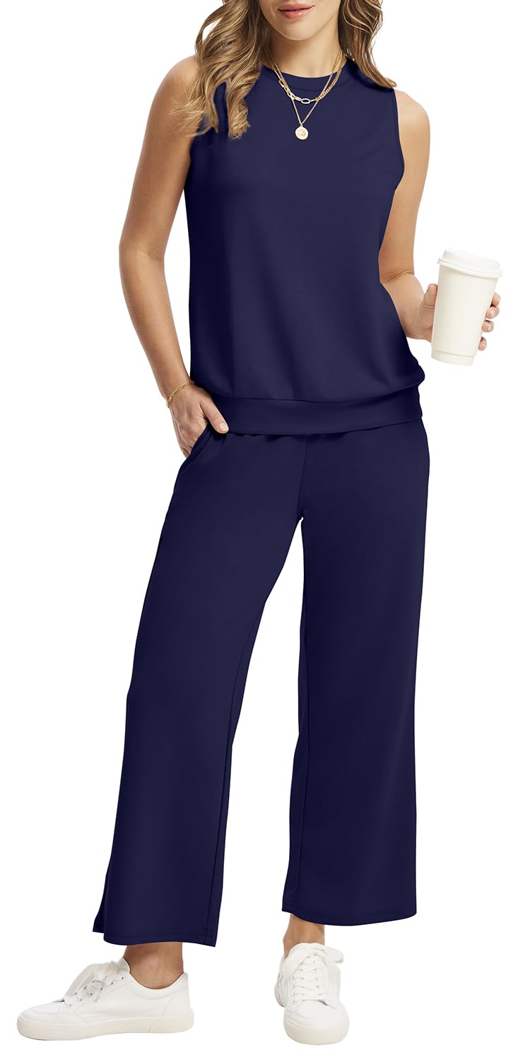 WIHOLL Two Piece Set for Women Summer Outfits Vacation Lounge Sets Round Neck Matching Sets Wide Leg Crop Pants