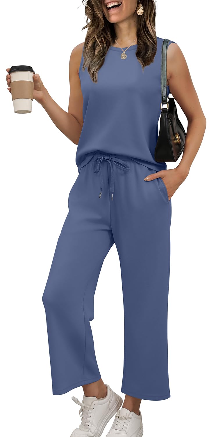 WIHOLL Two Piece Set for Women Summer Outfits Vacation Lounge Sets Round Neck Matching Sets Wide Leg Crop Pants