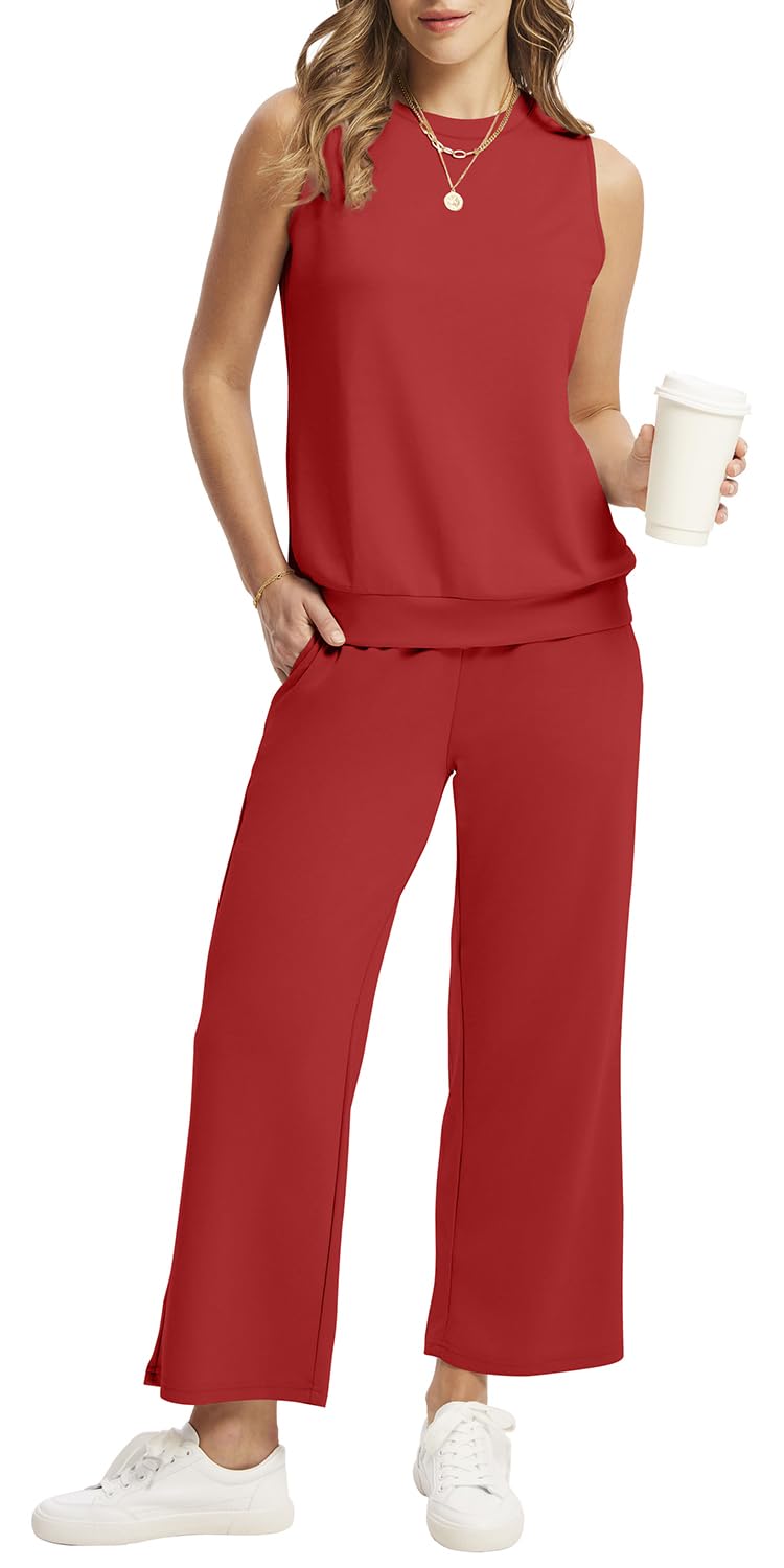 WIHOLL Two Piece Set for Women Summer Outfits Vacation Lounge Sets Round Neck Matching Sets Wide Leg Crop Pants