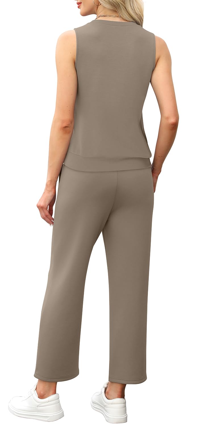 WIHOLL Two Piece Set for Women Summer Outfits Vacation Lounge Sets Round Neck Matching Sets Wide Leg Crop Pants