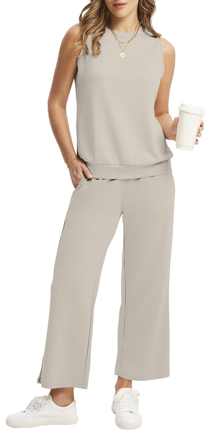 WIHOLL Two Piece Set for Women Summer Outfits Vacation Lounge Sets Round Neck Matching Sets Wide Leg Crop Pants