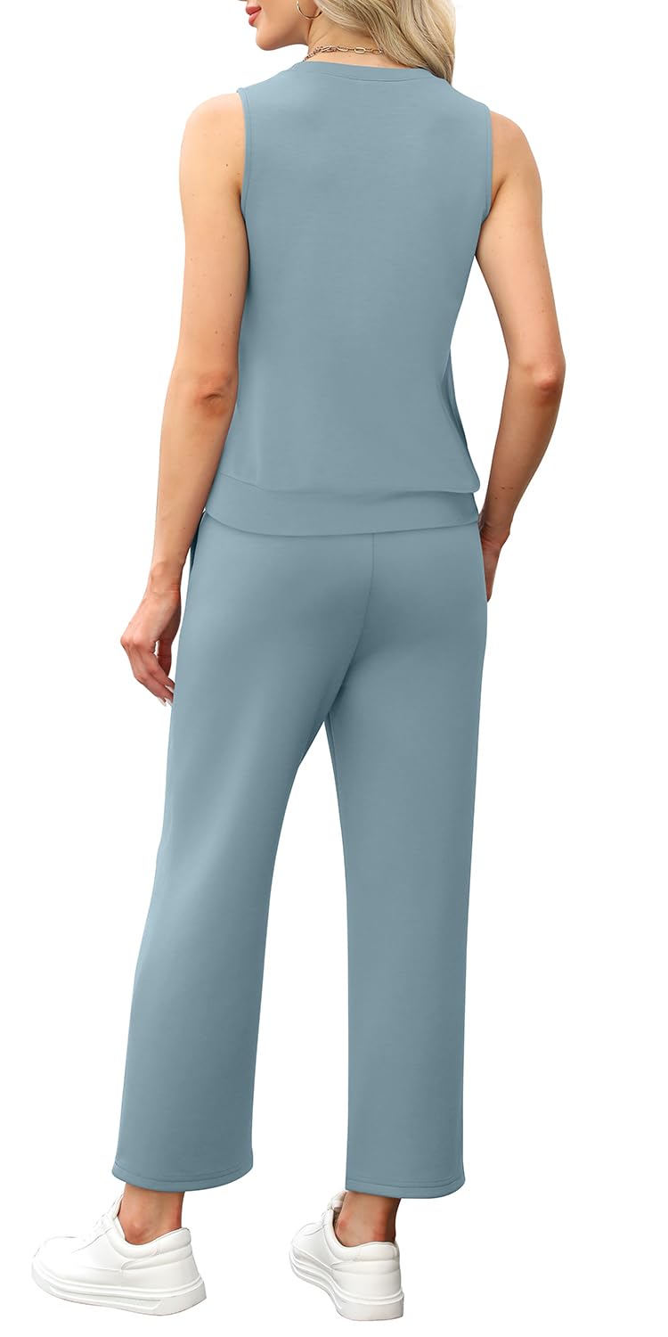 WIHOLL Two Piece Set for Women Summer Outfits Vacation Lounge Sets Round Neck Matching Sets Wide Leg Crop Pants