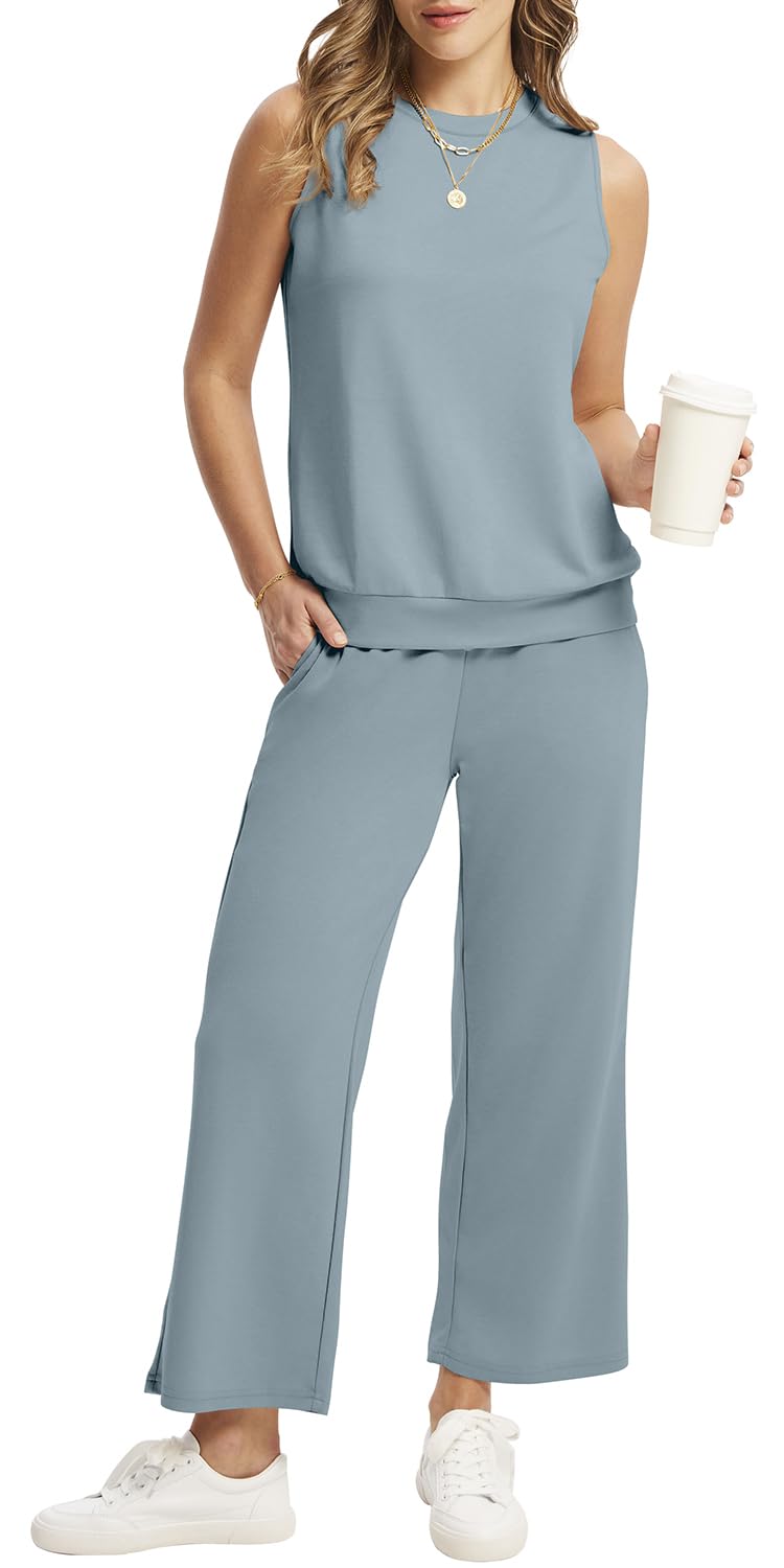 WIHOLL Two Piece Set for Women Summer Outfits Vacation Lounge Sets Round Neck Matching Sets Wide Leg Crop Pants