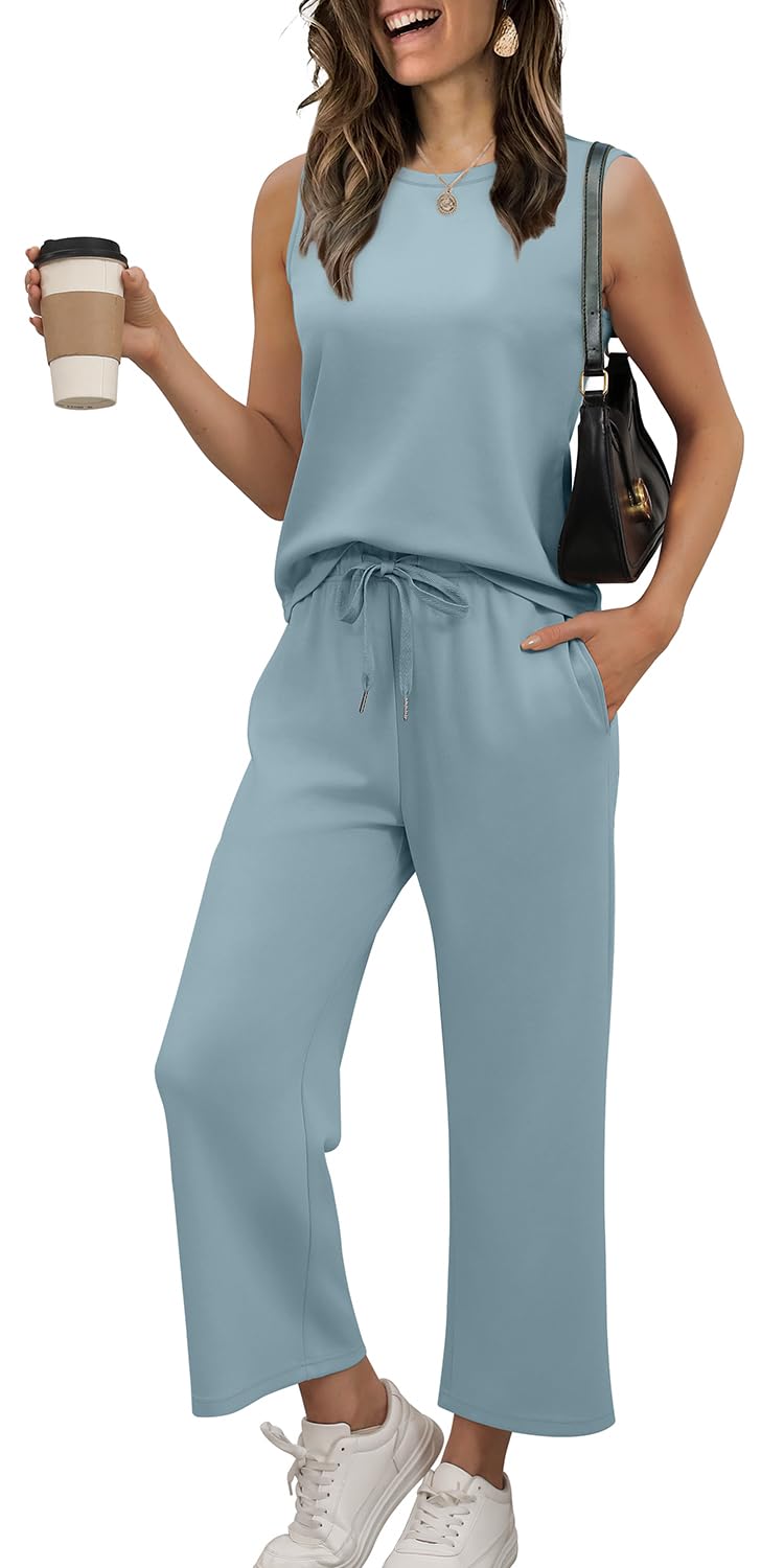 WIHOLL Two Piece Set for Women Summer Outfits Vacation Lounge Sets Round Neck Matching Sets Wide Leg Crop Pants