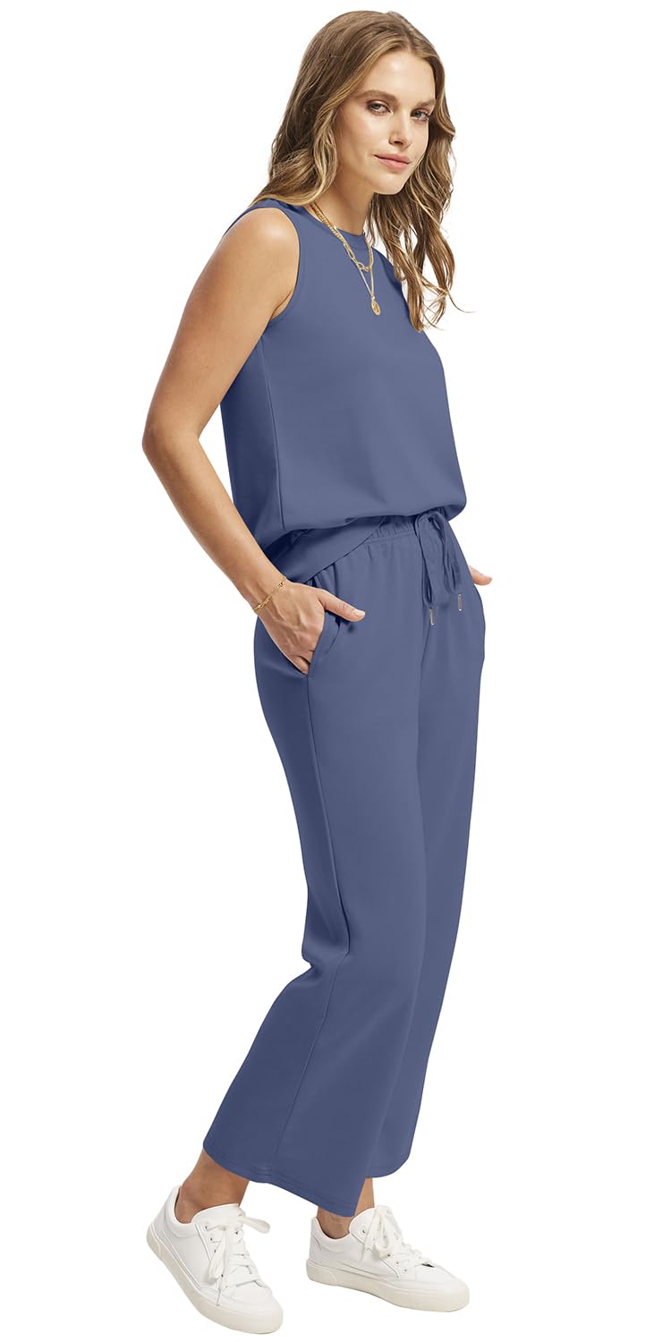 WIHOLL Two Piece Set for Women Summer Outfits Vacation Lounge Sets Round Neck Matching Sets Wide Leg Crop Pants