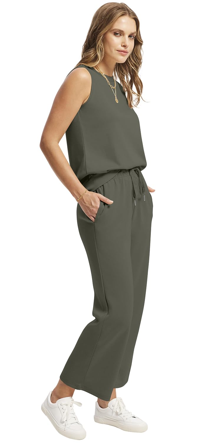 WIHOLL Two Piece Set for Women Summer Outfits Vacation Lounge Sets Round Neck Matching Sets Wide Leg Crop Pants