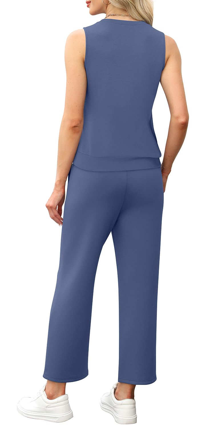 WIHOLL Two Piece Set for Women Summer Outfits Vacation Lounge Sets Round Neck Matching Sets Wide Leg Crop Pants