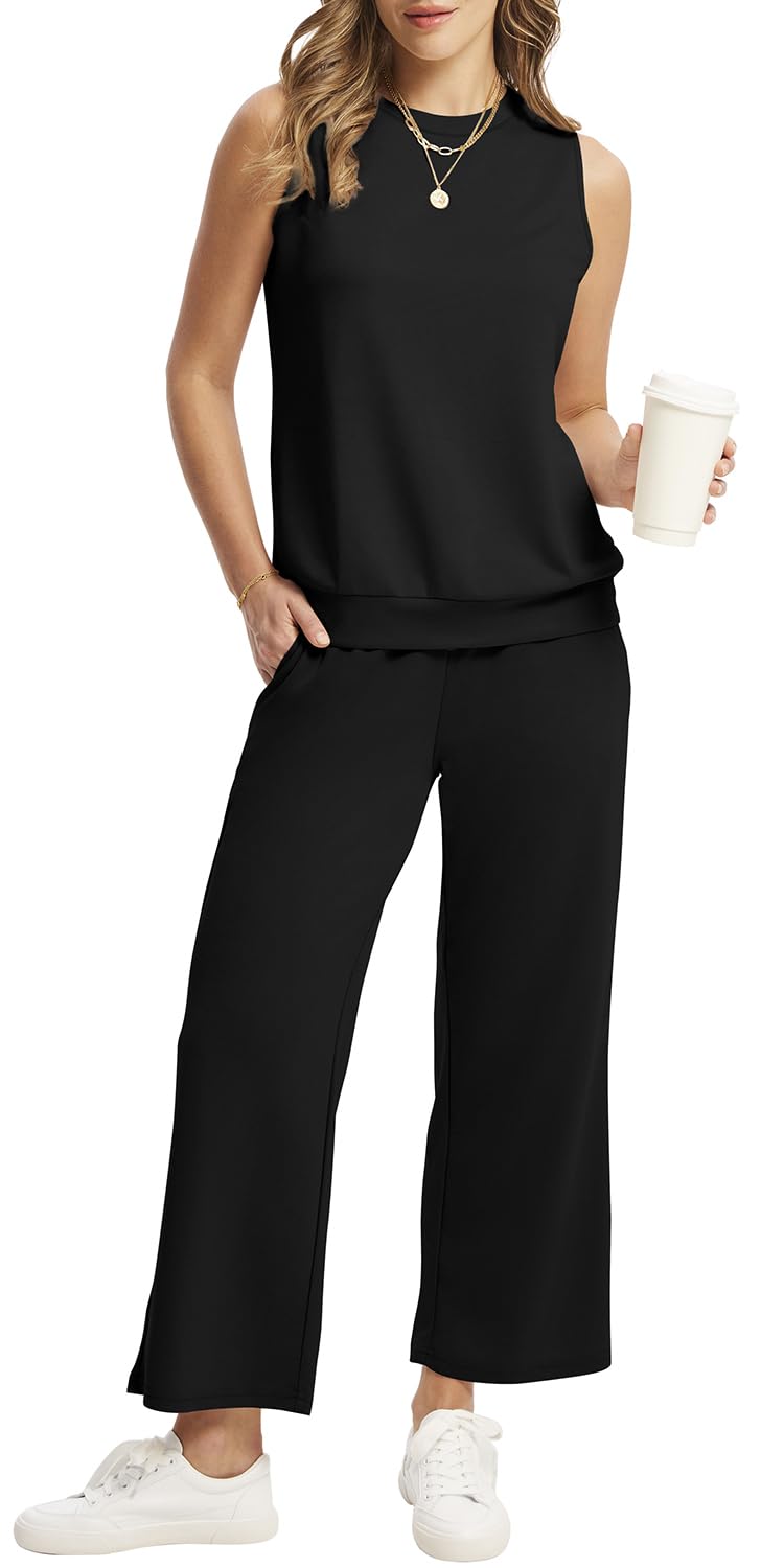 WIHOLL Two Piece Set for Women Summer Outfits Vacation Lounge Sets Round Neck Matching Sets Wide Leg Crop Pants