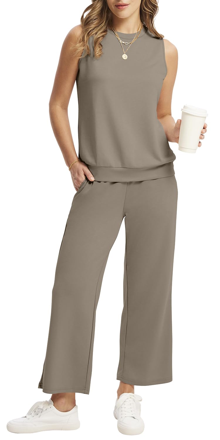 WIHOLL Two Piece Set for Women Summer Outfits Vacation Lounge Sets Round Neck Matching Sets Wide Leg Crop Pants