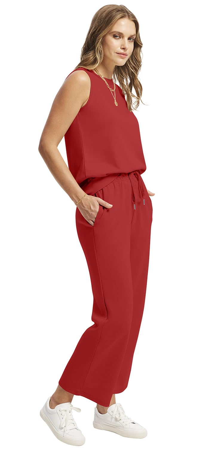 WIHOLL Two Piece Set for Women Summer Outfits Vacation Lounge Sets Round Neck Matching Sets Wide Leg Crop Pants