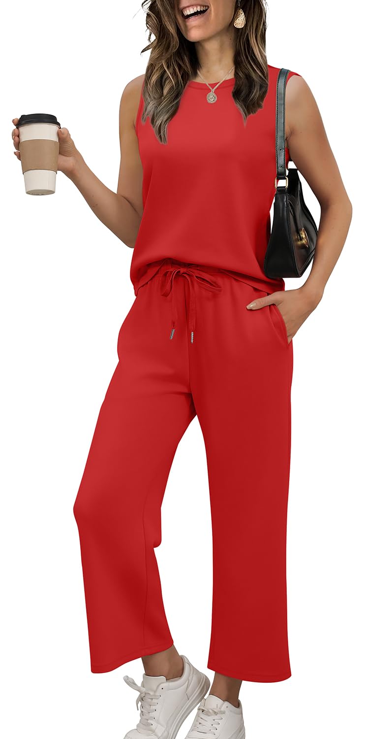 WIHOLL Two Piece Set for Women Summer Outfits Vacation Lounge Sets Round Neck Matching Sets Wide Leg Crop Pants