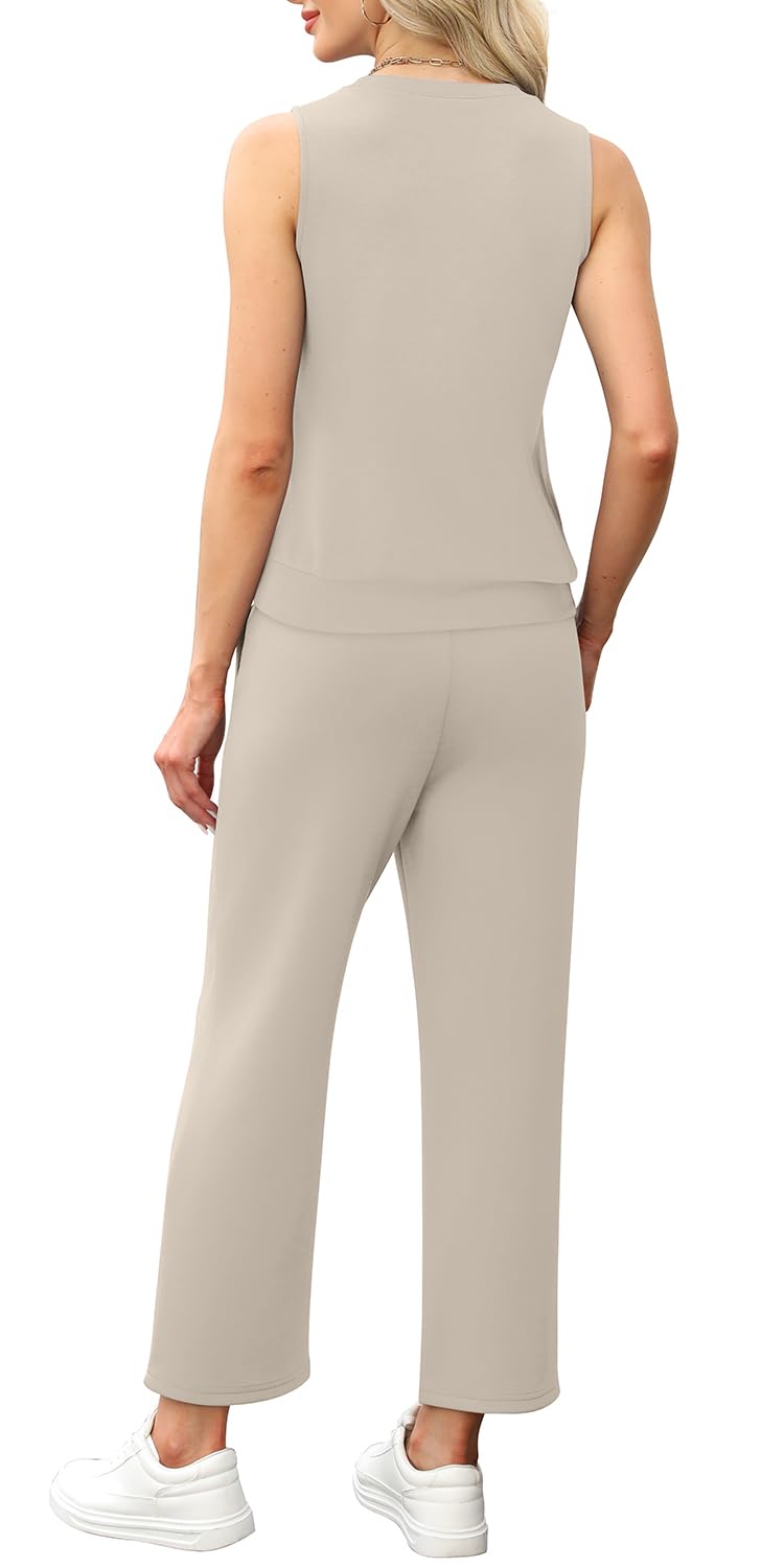 WIHOLL Two Piece Set for Women Summer Outfits Vacation Lounge Sets Round Neck Matching Sets Wide Leg Crop Pants