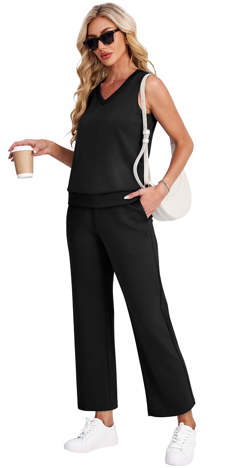 WIHOLL Two Piece Set for Women Summer Outfits Vacation Trendy Lounge Sets V Neck Matching Sets