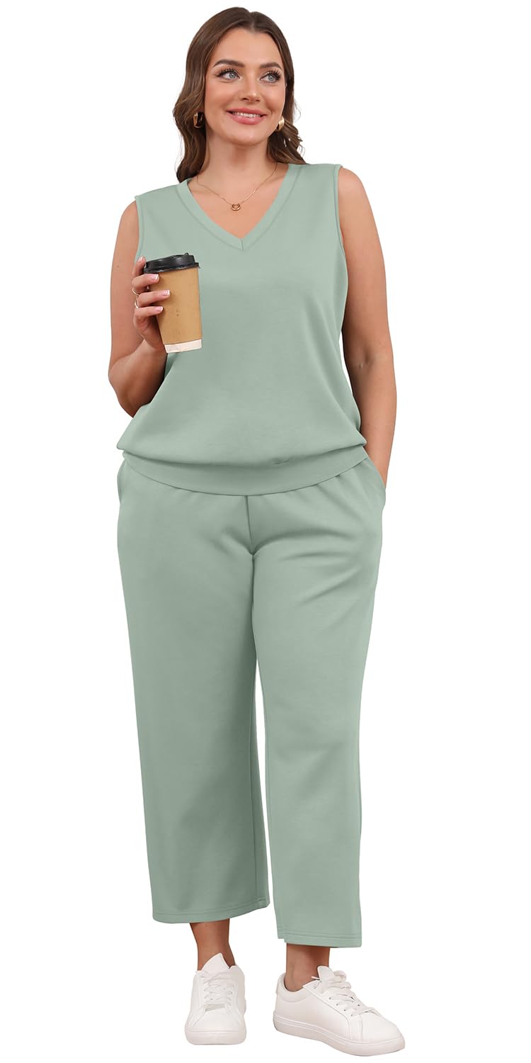 WIHOLL Two Piece Set for Women Summer Outfits Vacation Trendy Lounge Sets V Neck Matching Sets