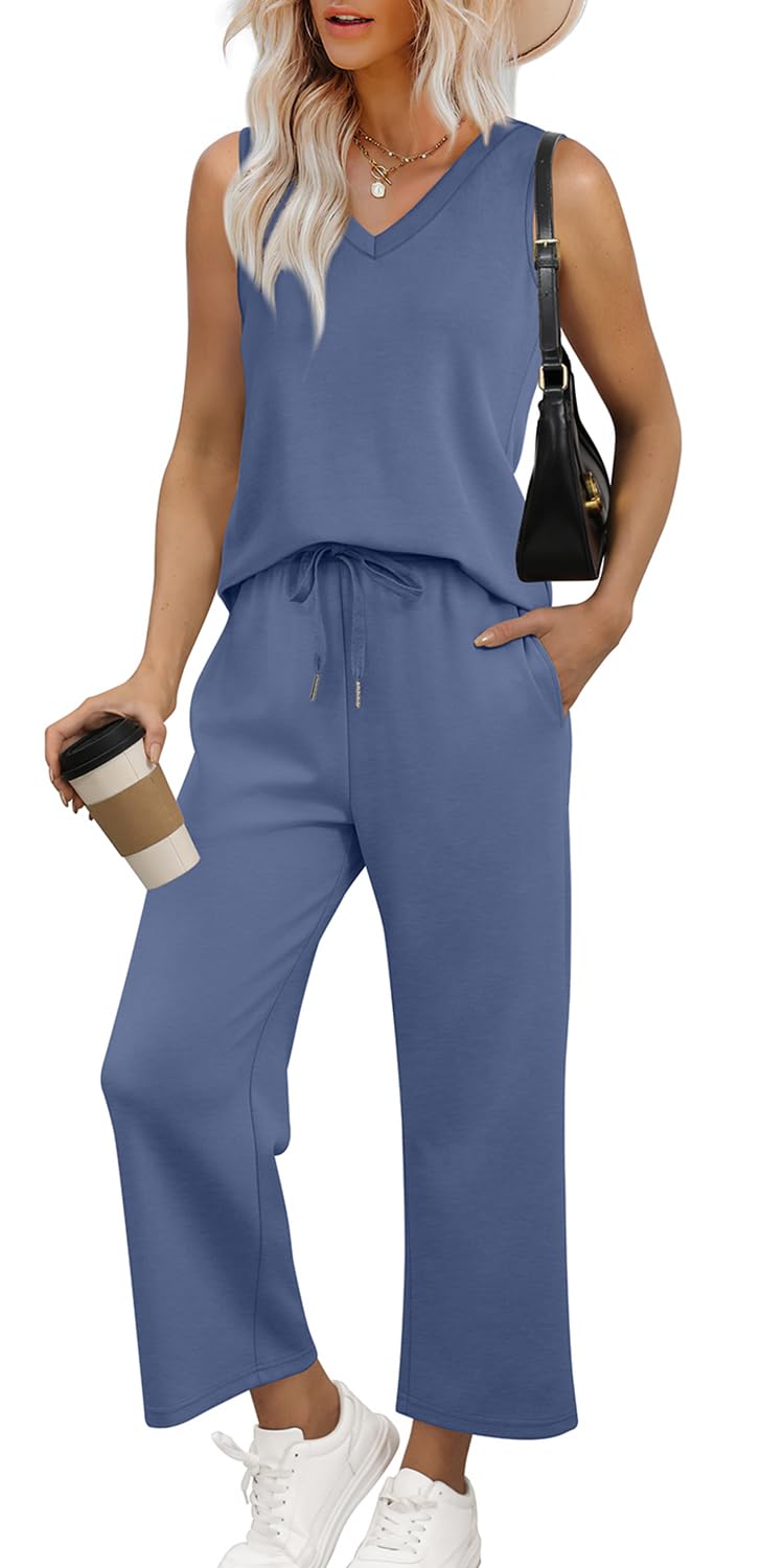 WIHOLL Two Piece Set for Women Summer Outfits Vacation Trendy Lounge Sets V Neck Matching Sets