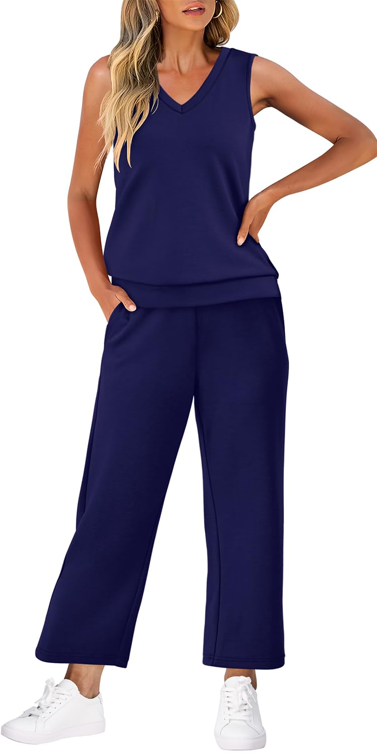 WIHOLL Two Piece Set for Women Summer Outfits Vacation Trendy Lounge Sets V Neck Matching Sets